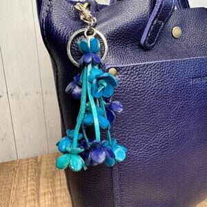 Accessory Purse Charm Genuine Leather Bag Charm Blue Flower Bouquet FAST SHIP